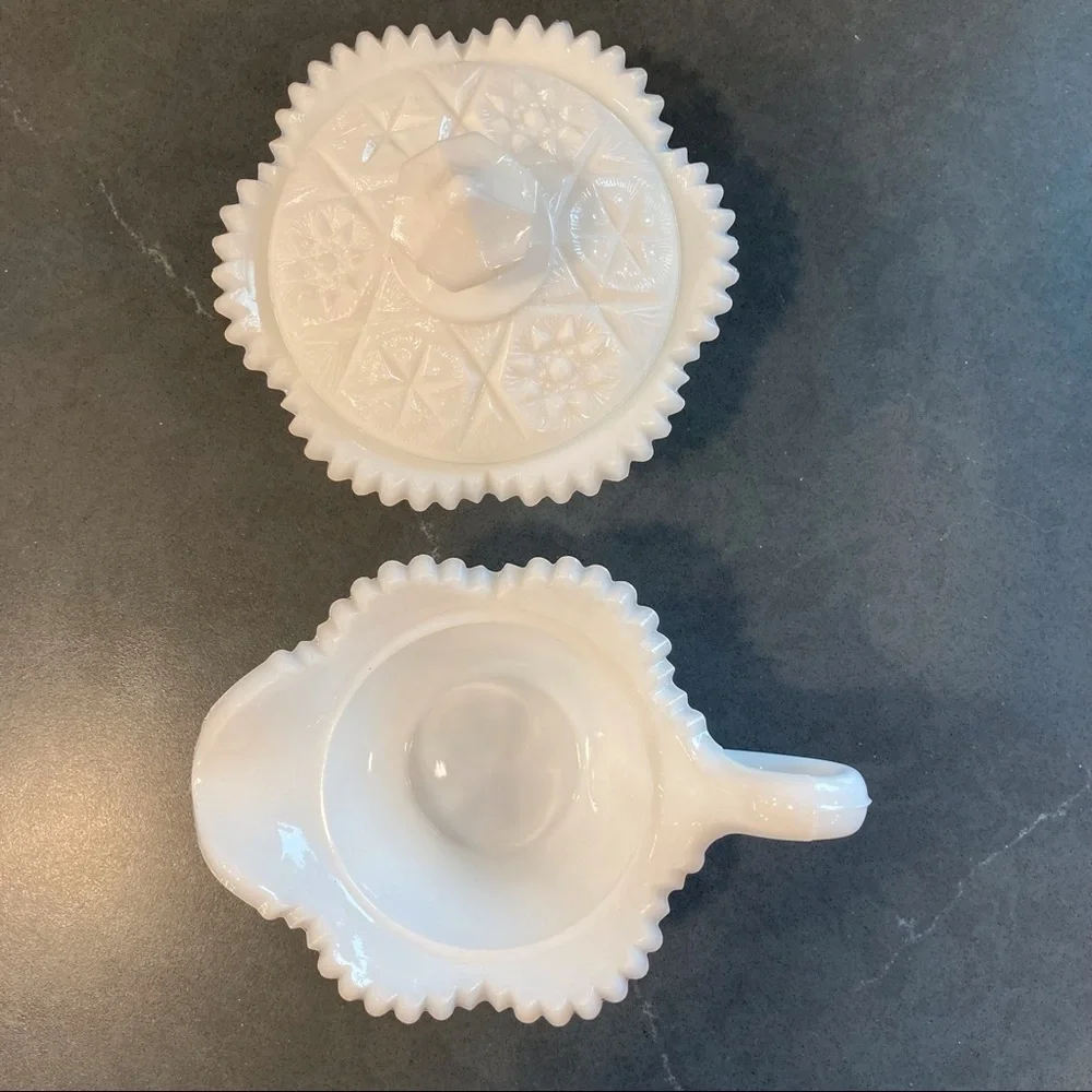 Vintage Kemple milk glass set sugar creamer cut glass set